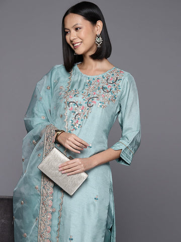 Blue Placement Design Embroidered Kurta Paired With Tonal Solid Bottom And Embroidered Organza Dupatta
